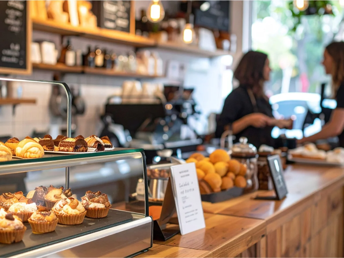Staff working behind a busy cafe counter